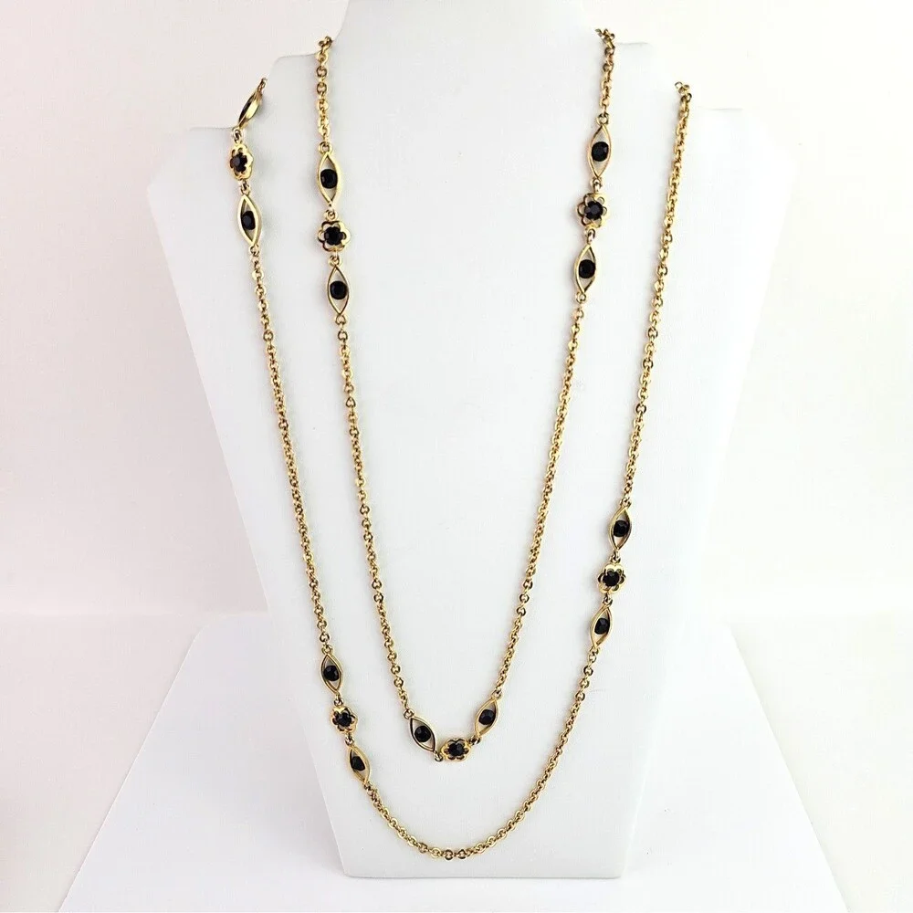 Vintage Long Gold Tone Necklace Black Faceted 52 inch and Bracelet Bezel Setting